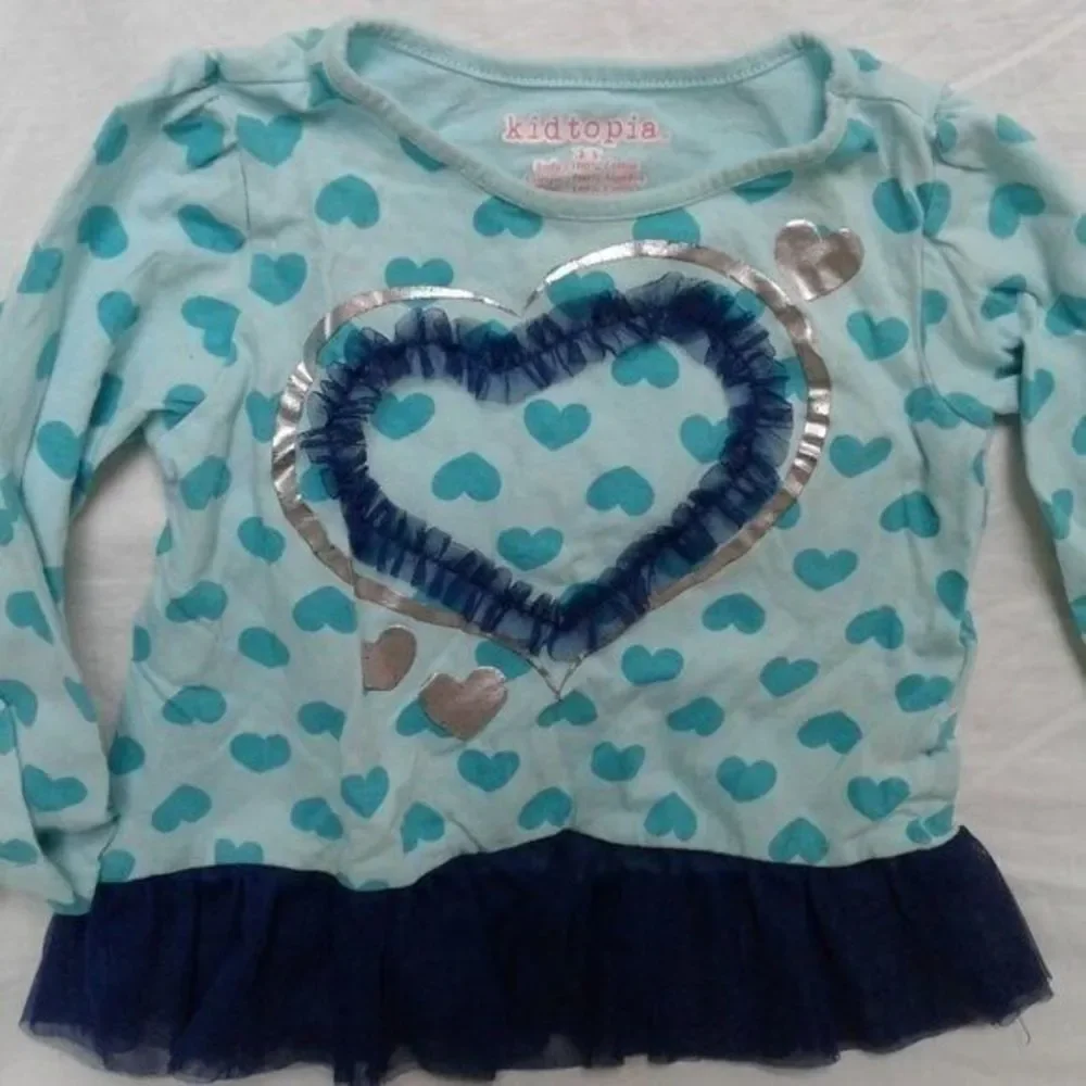 Kidtopia 2-piece Outfit with Silver, Hearts & Ruffle Design, Size 3T Blue & Teal